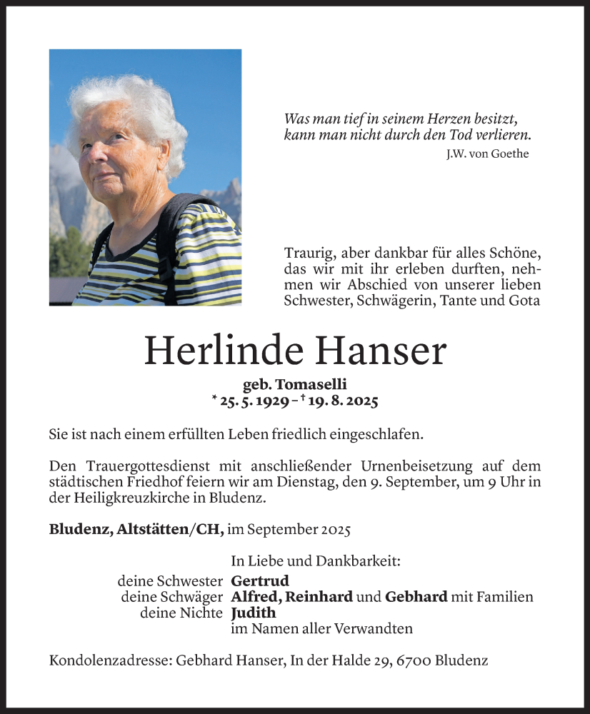  Todesanzeige für Herlinde Hanser vom 08.09.2025 aus Vorarlberger Nachrichten