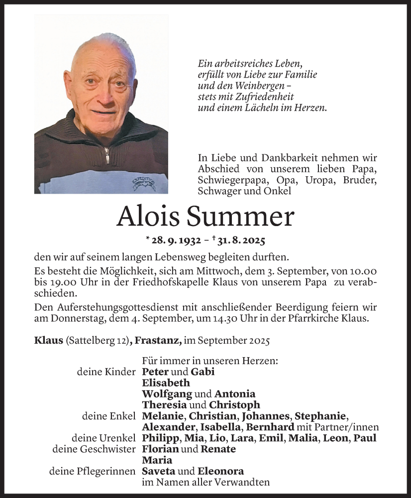  Todesanzeige für Alois Summer vom 02.09.2025 aus Vorarlberger Nachrichten