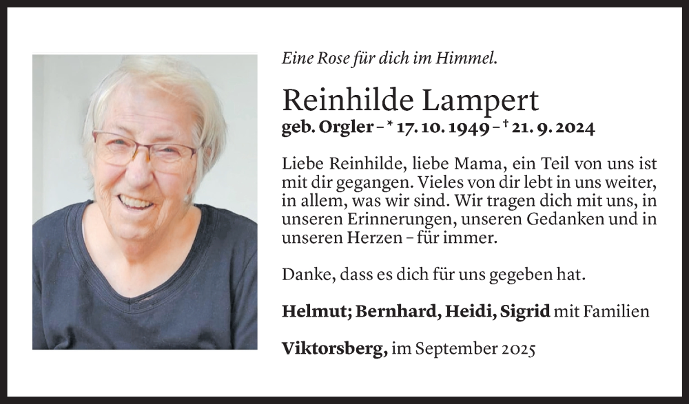  Todesanzeige für Reinhilde Lampert vom 22.09.2025 aus Vorarlberger Nachrichten