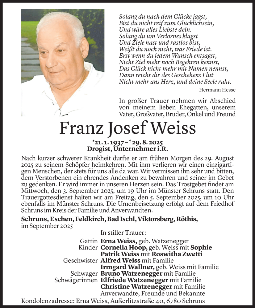  Todesanzeige für Franz Josef Weiss vom 02.09.2025 aus Vorarlberger Nachrichten