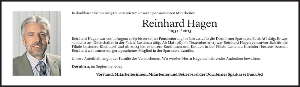  Todesanzeige für Reinhard Hagen vom 04.09.2025 aus Vorarlberger Nachrichten