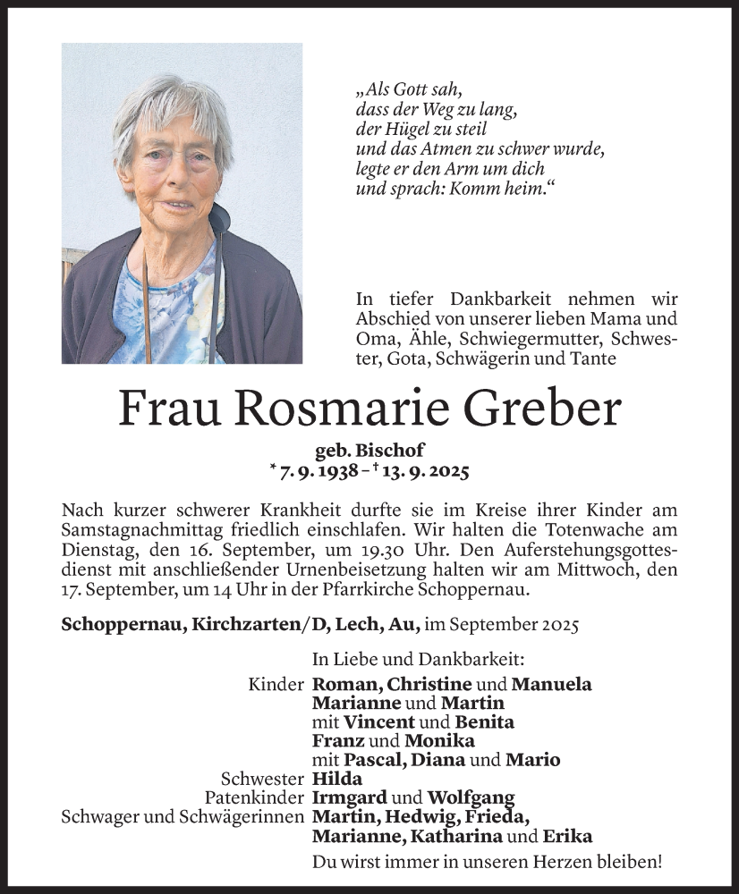  Todesanzeige für Rosmarie Greber vom 15.09.2025 aus Vorarlberger Nachrichten