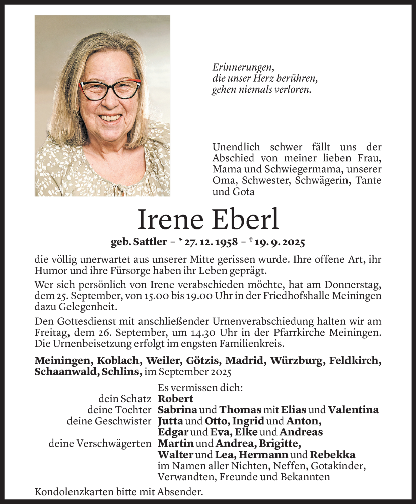  Todesanzeige für Irene Eberl vom 22.09.2025 aus Vorarlberger Nachrichten