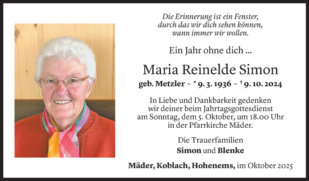  Todesanzeige für Maria Simon vom 03.10.2025 aus Vorarlberger Nachrichten