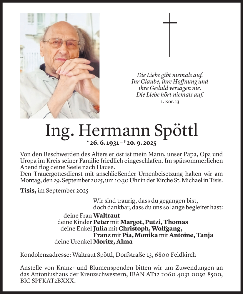  Todesanzeige für Hermann Spöttl vom 23.09.2025 aus Vorarlberger Nachrichten