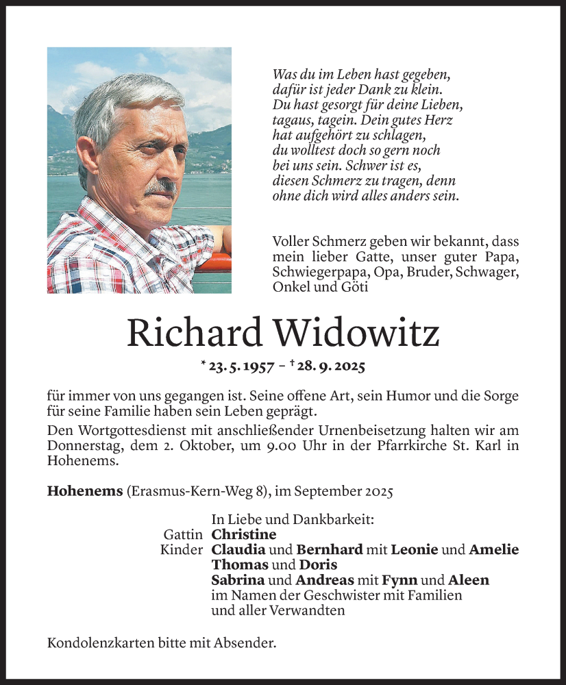  Todesanzeige für Richard Widowitz vom 29.09.2025 aus Vorarlberger Nachrichten