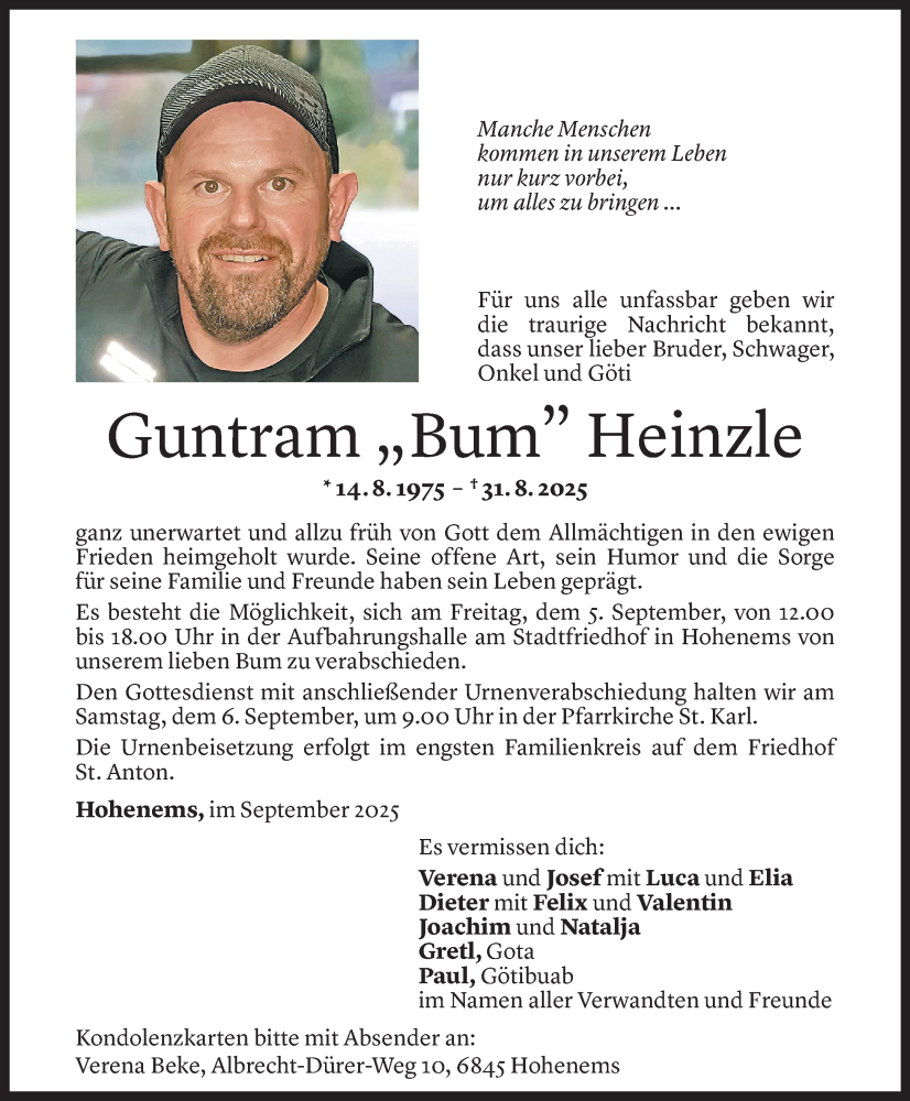  Todesanzeige für Guntram Heinzle vom 02.09.2025 aus Vorarlberger Nachrichten