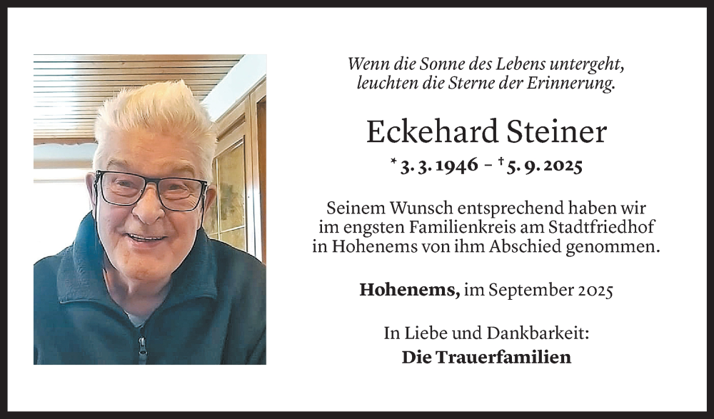  Todesanzeige für Eckehard Steiner vom 13.09.2025 aus Vorarlberger Nachrichten