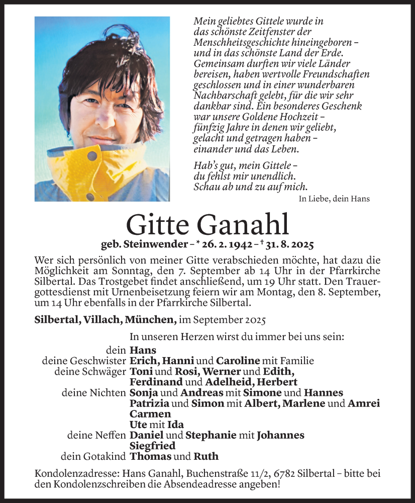  Todesanzeige für Gitte Ganahl vom 03.09.2025 aus Vorarlberger Nachrichten