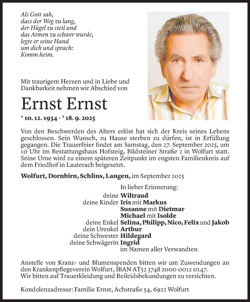  Todesanzeige für Ernst Ernst vom 23.09.2025 aus Vorarlberger Nachrichten