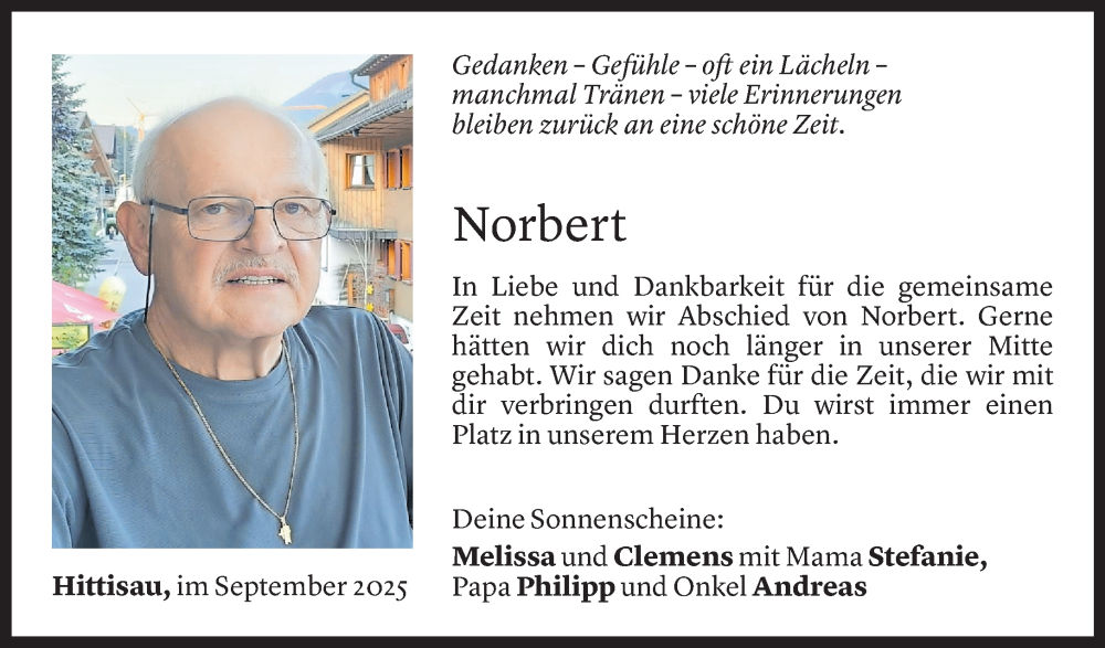  Todesanzeige für Norbert Fink vom 24.09.2025 aus Vorarlberger Nachrichten