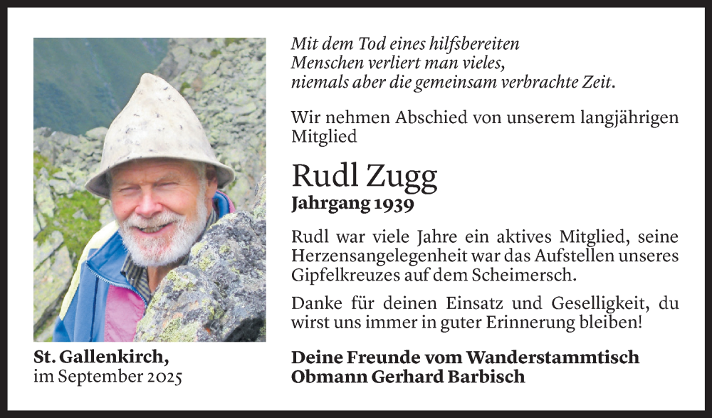  Todesanzeige für Rudolf Zugg vom 26.09.2025 aus Vorarlberger Nachrichten