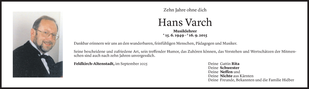  Todesanzeige für Hans Varch vom 16.09.2025 aus Vorarlberger Nachrichten