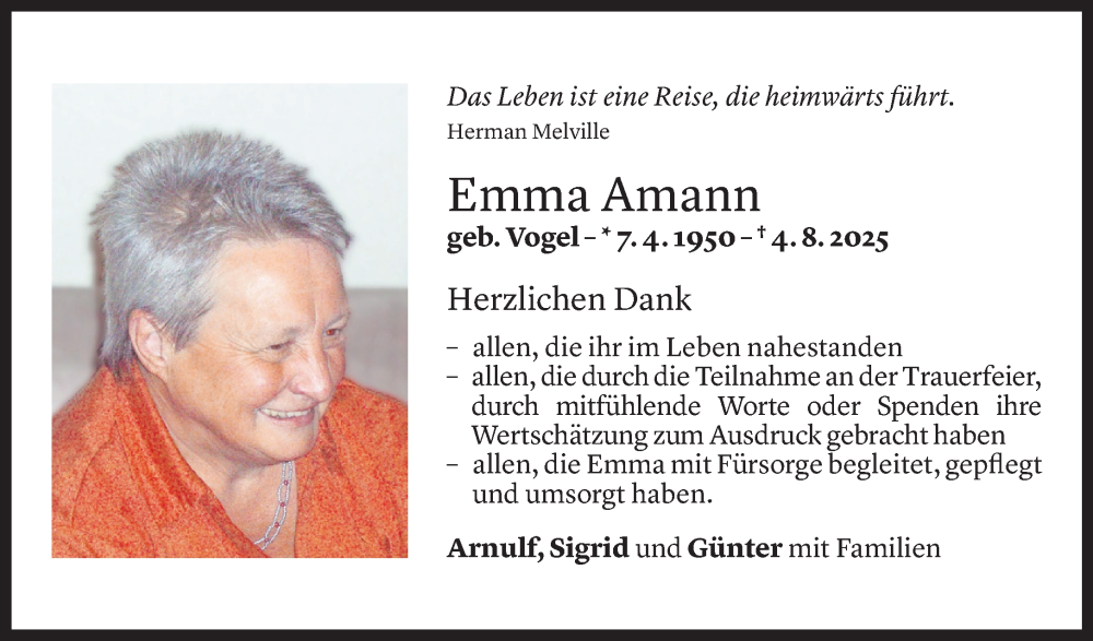  Todesanzeige für Emma Amann vom 05.09.2025 aus Vorarlberger Nachrichten