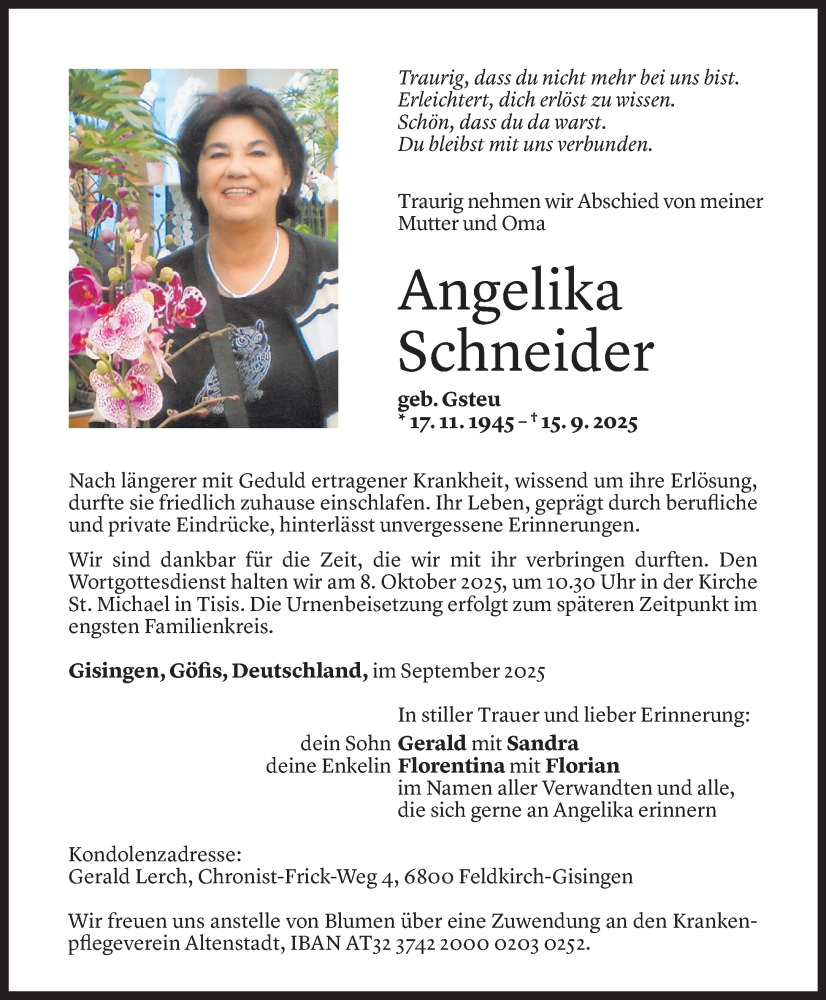  Todesanzeige für Angelika Schneider vom 03.10.2025 aus Vorarlberger Nachrichten