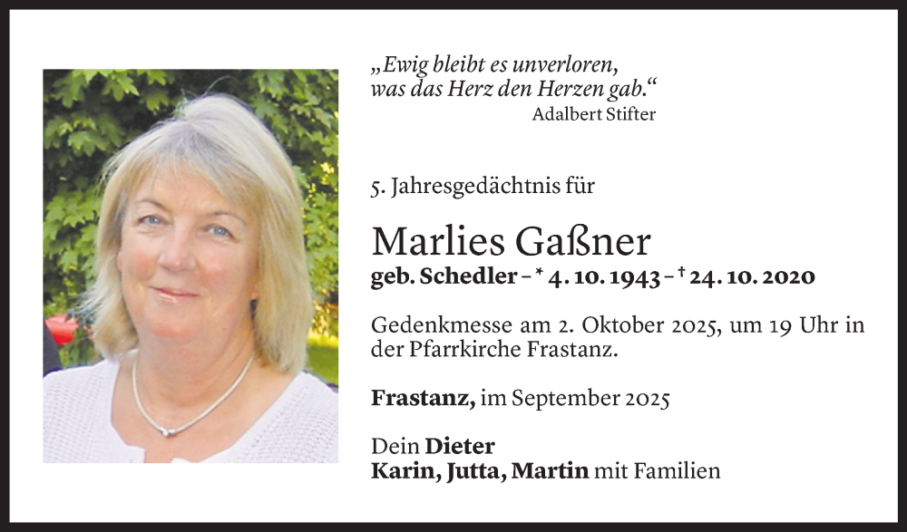  Todesanzeige für Marlies Gaßner vom 29.09.2025 aus Vorarlberger Nachrichten