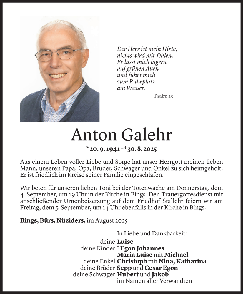  Todesanzeige für Anton Galehr vom 03.09.2025 aus Vorarlberger Nachrichten