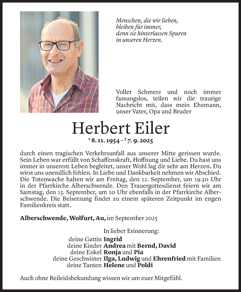  Todesanzeige für Herbert Eiler vom 10.09.2025 aus Vorarlberger Nachrichten