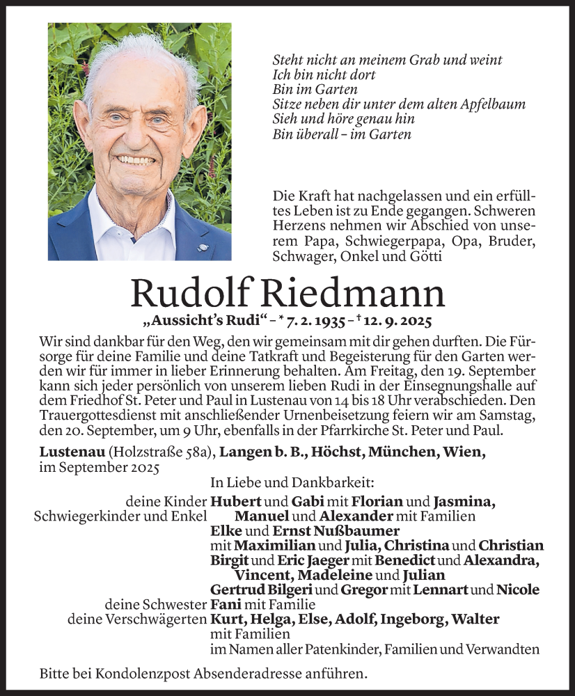  Todesanzeige für Rudolf Riedmann vom 16.09.2025 aus Vorarlberger Nachrichten
