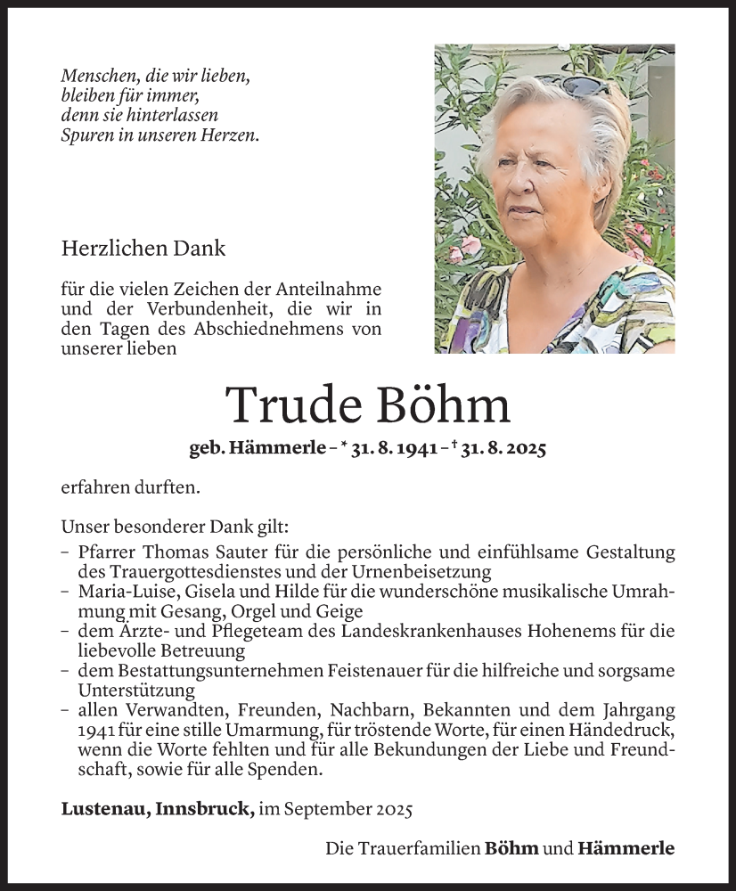  Todesanzeige für Trude Böhm vom 28.09.2025 aus Vorarlberger Nachrichten