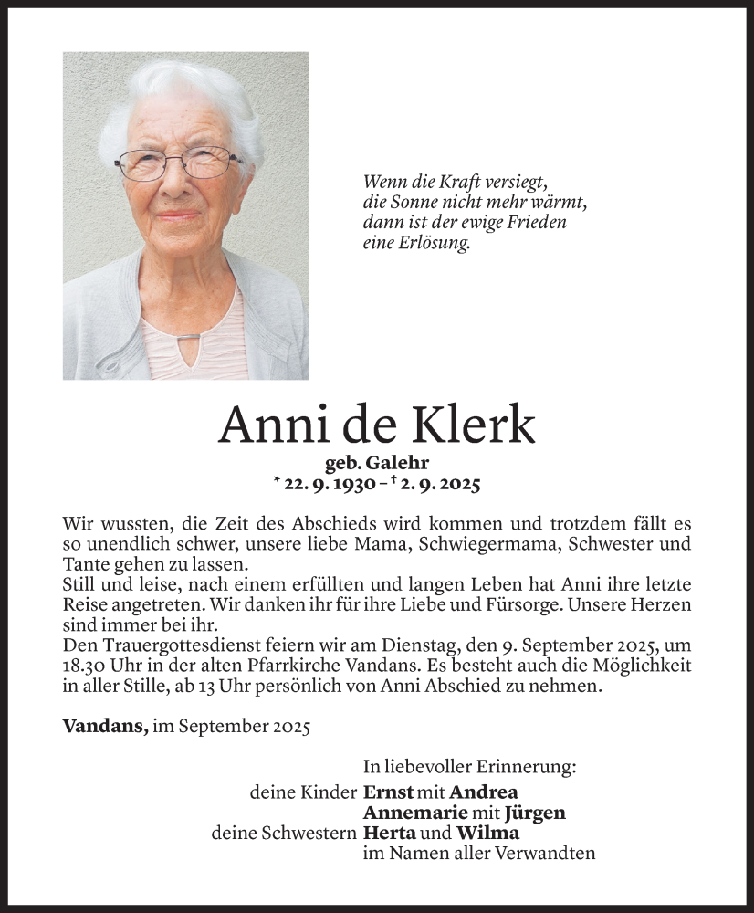  Todesanzeige für Anni de Klerk vom 05.09.2025 aus Vorarlberger Nachrichten