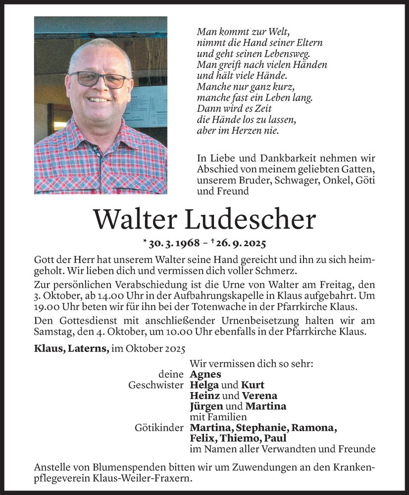  Todesanzeige für Walter Ludescher vom 29.09.2025 aus Vorarlberger Nachrichten