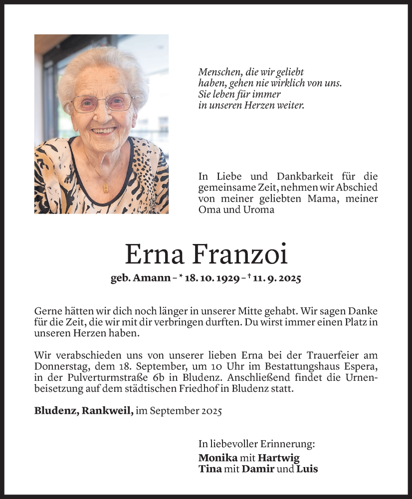  Todesanzeige für Erna Franzoi vom 15.09.2025 aus Vorarlberger Nachrichten