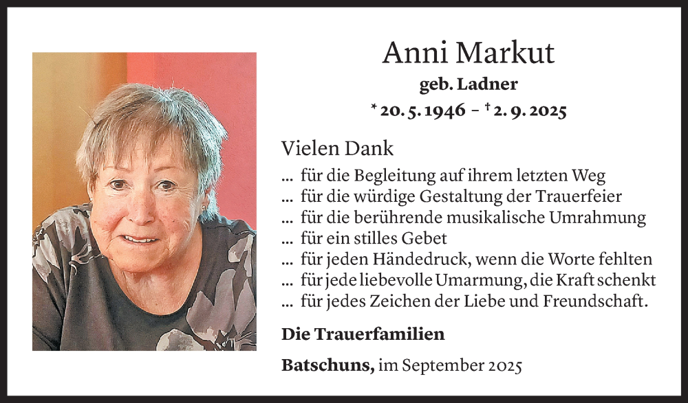 Todesanzeige für Anni Markut vom 25.09.2025 aus Vorarlberger Nachrichten