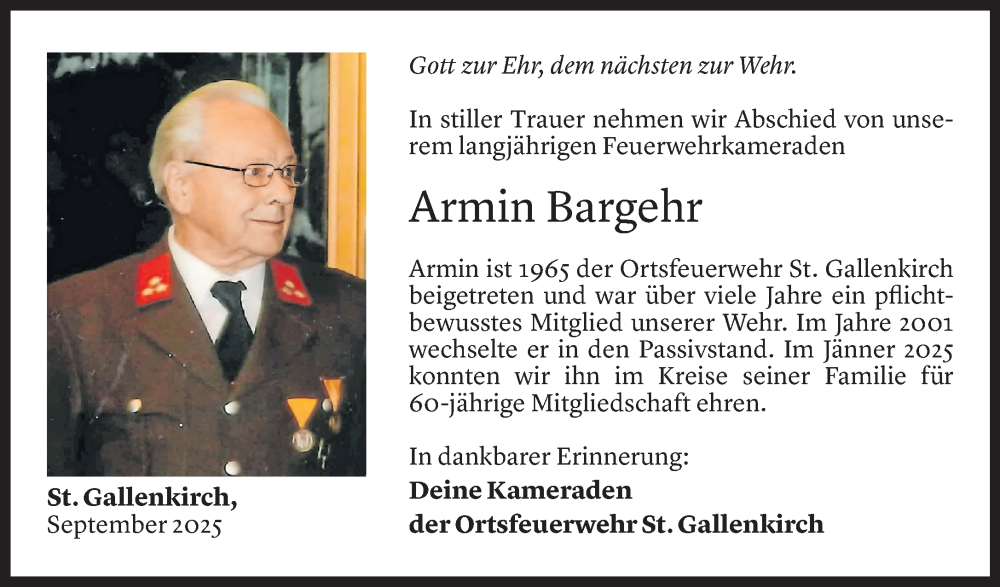  Todesanzeige für Armin Bargehr vom 16.09.2025 aus Vorarlberger Nachrichten