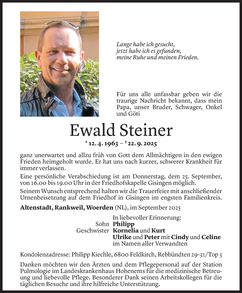  Todesanzeige für Ewald Steiner vom 23.09.2025 aus Vorarlberger Nachrichten