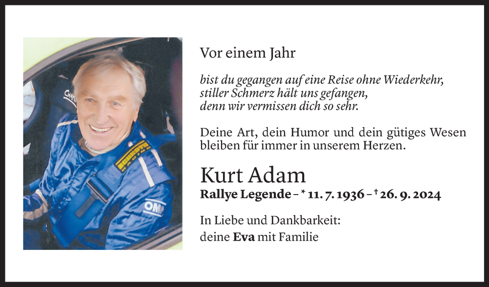  Todesanzeige für Kurt Adam vom 09.09.2025 aus Vorarlberger Nachrichten