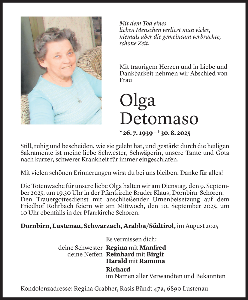  Todesanzeige für Olga Detomaso vom 04.09.2025 aus Vorarlberger Nachrichten