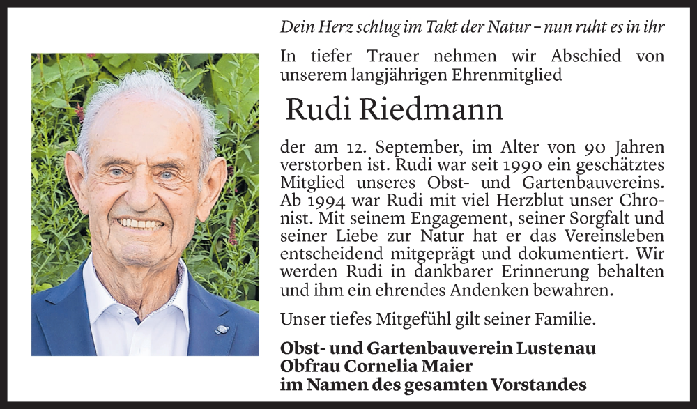  Todesanzeige für Rudolf Riedmann vom 16.09.2025 aus Vorarlberger Nachrichten
