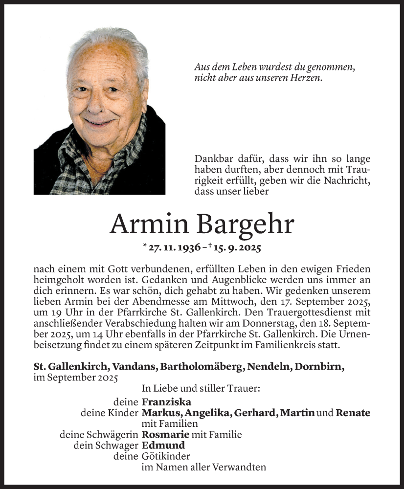  Todesanzeige für Armin Bargehr vom 16.09.2025 aus Vorarlberger Nachrichten