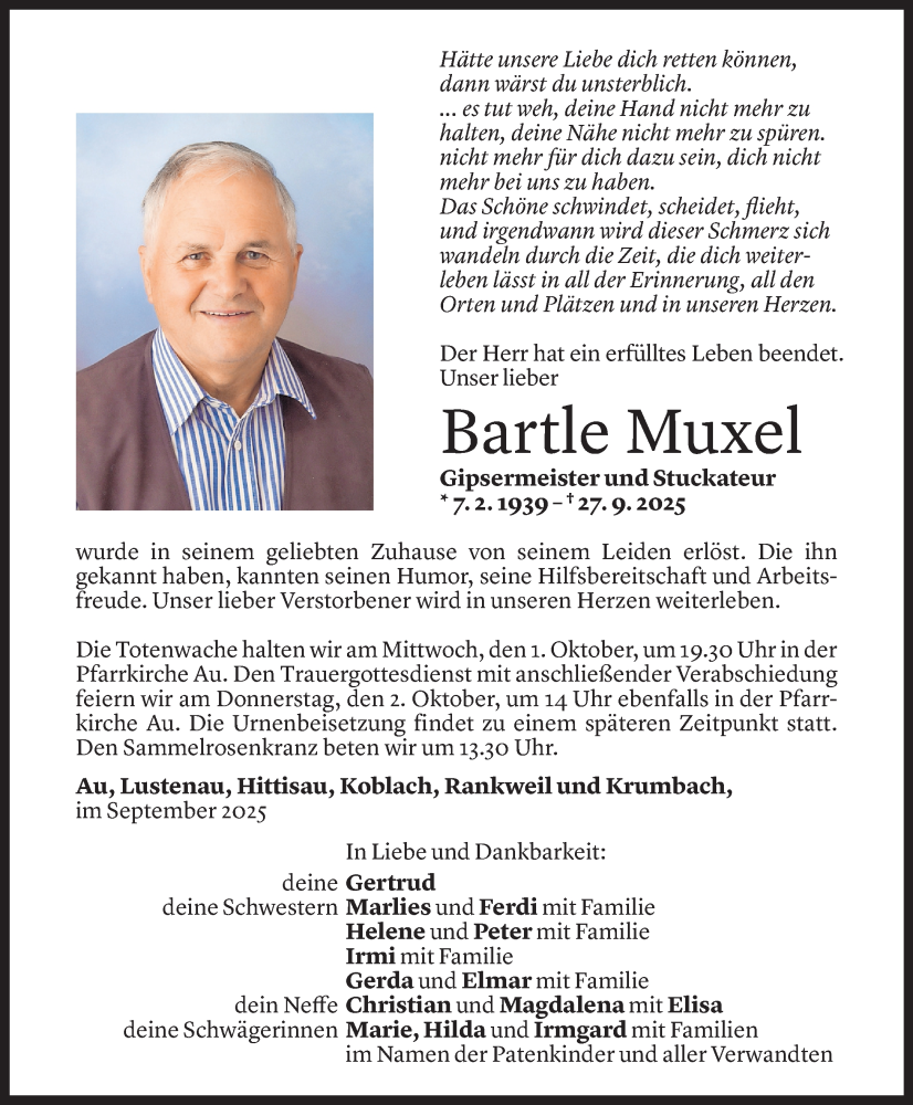  Todesanzeige für Bartle Muxel vom 29.09.2025 aus Vorarlberger Nachrichten