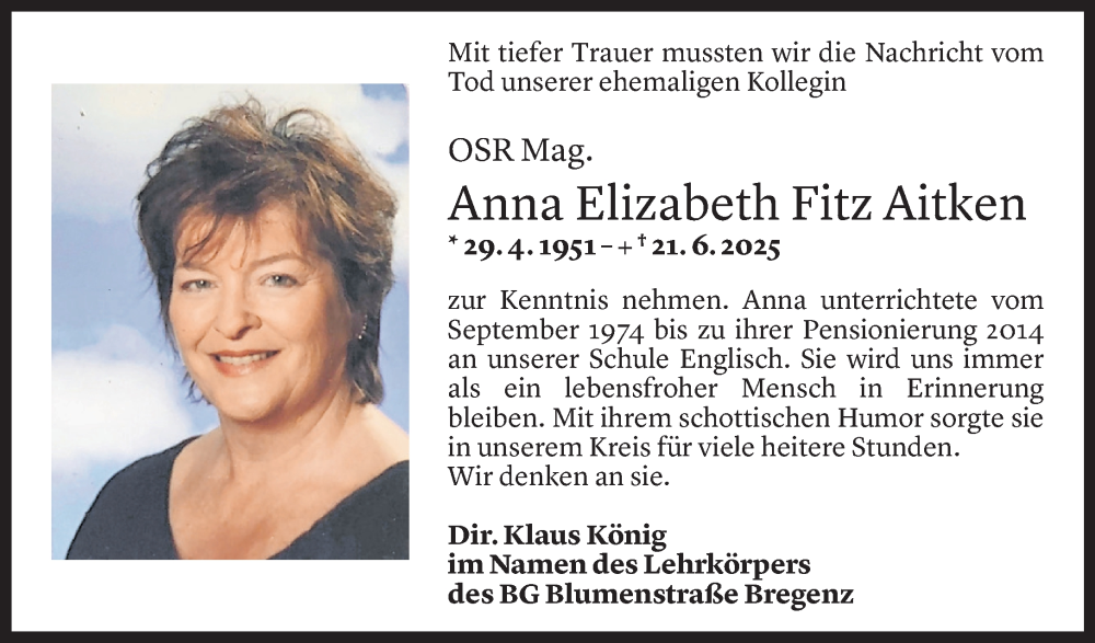  Todesanzeige für Anna Elizabeth Fitz Aitken vom 16.09.2025 aus Vorarlberger Nachrichten
