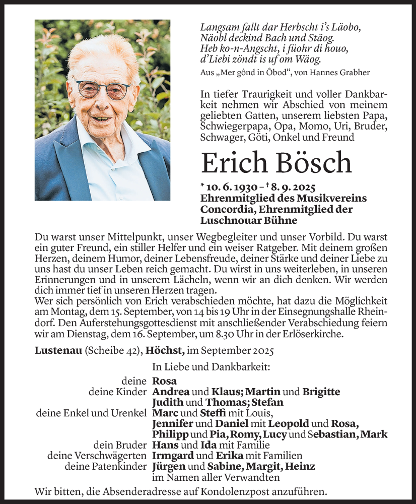  Todesanzeige für Erich Bösch vom 09.09.2025 aus Vorarlberger Nachrichten