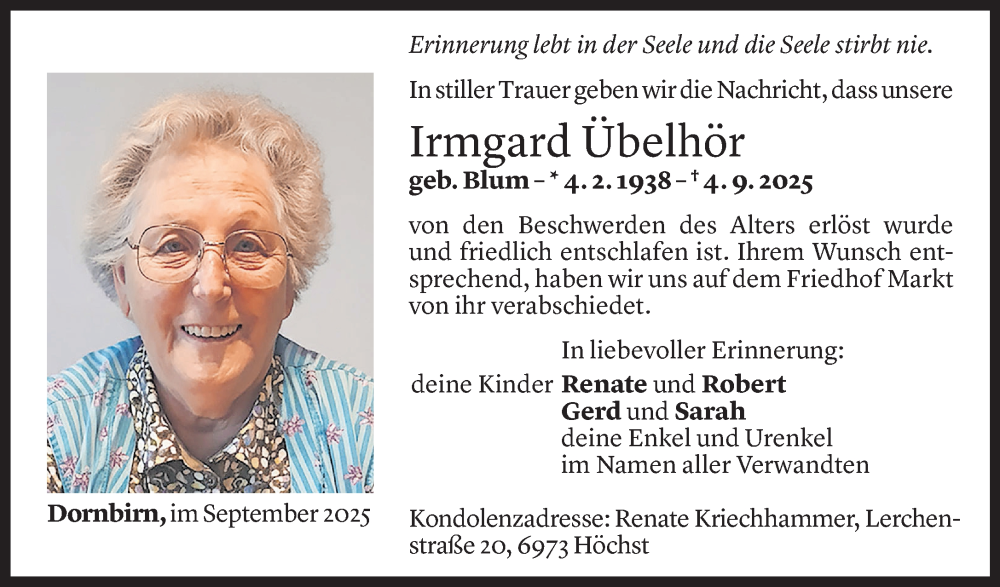  Todesanzeige für Irmgard Übelhör vom 12.09.2025 aus Vorarlberger Nachrichten