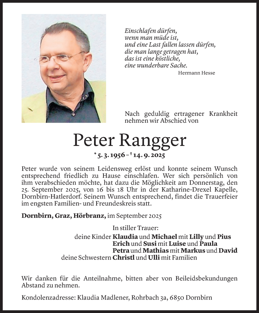  Todesanzeige für Peter Rangger vom 22.09.2025 aus Vorarlberger Nachrichten