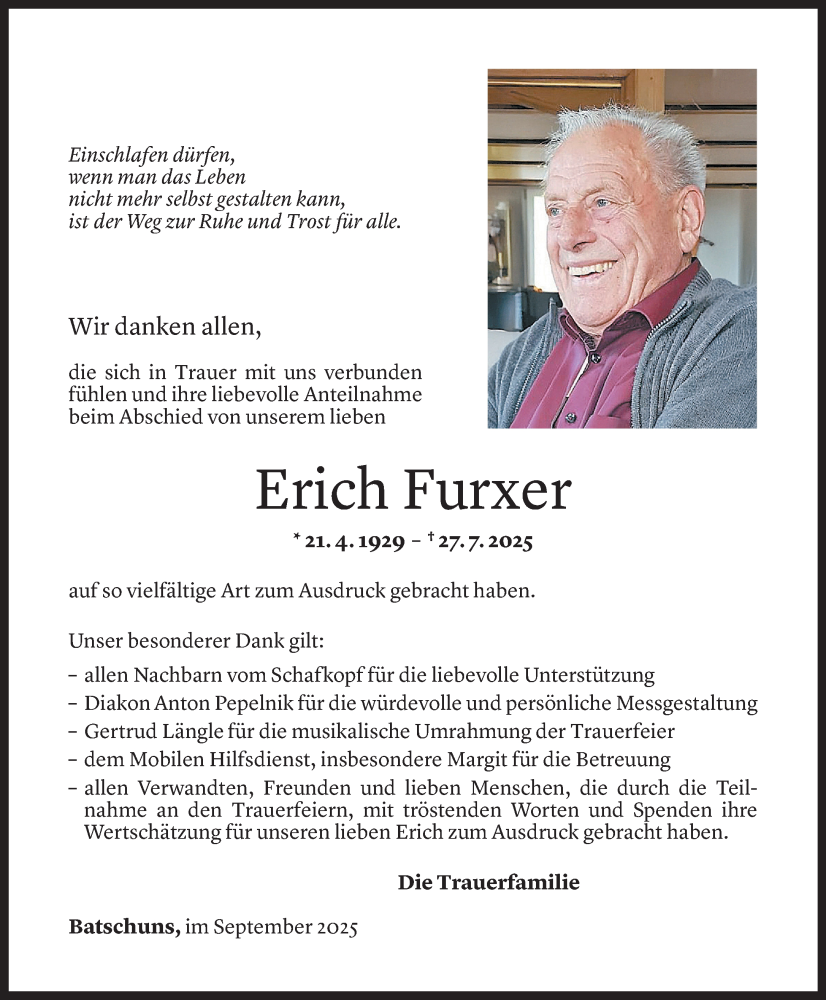  Todesanzeige für Erich Furxer vom 04.09.2025 aus Vorarlberger Nachrichten