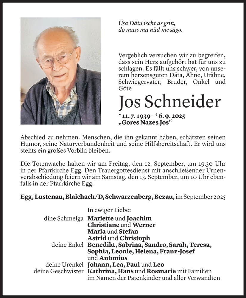  Todesanzeige für Jos Schneider vom 09.09.2025 aus Vorarlberger Nachrichten