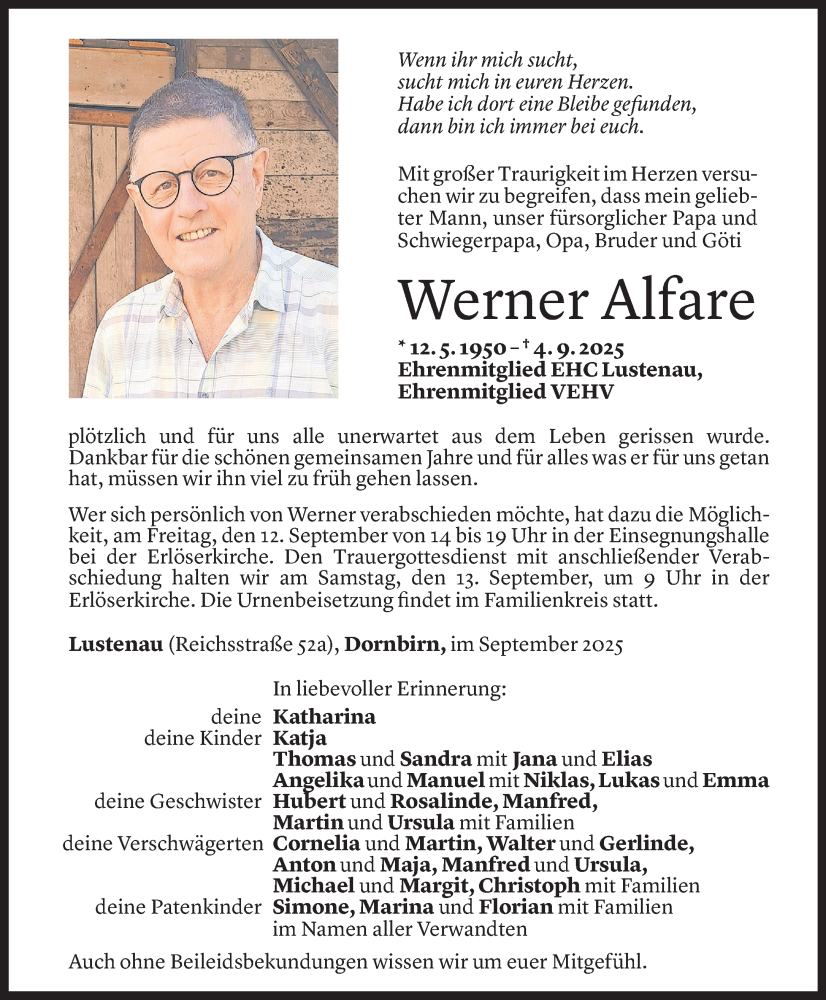  Todesanzeige für Werner Alfare vom 09.09.2025 aus Vorarlberger Nachrichten