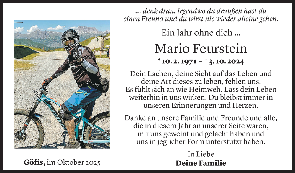  Todesanzeige für Mario Feurstein vom 03.10.2025 aus Vorarlberger nachrichten