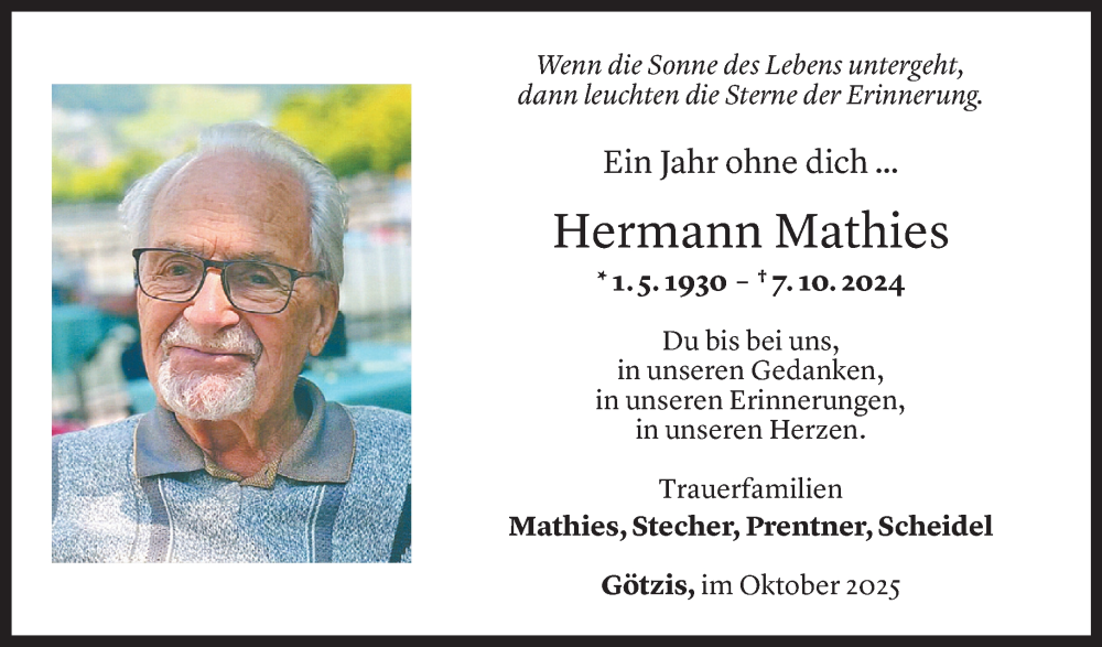 Todesanzeige für Hermann Mathies vom 06.10.2025 aus Vorarlberger Nachrichten