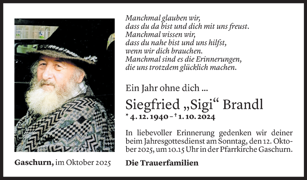 Todesanzeige für Siegfried Brandl vom 30.09.2025 aus Vorarlberger Nachrichten