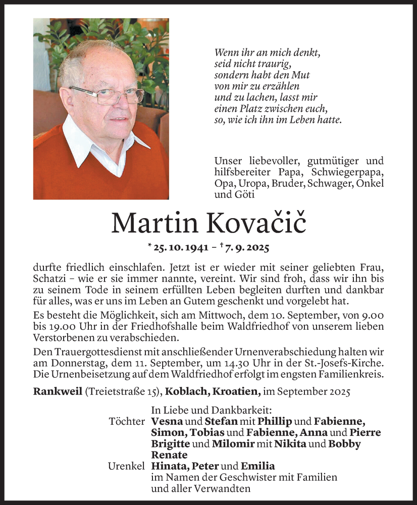  Todesanzeige für Martin Kovačič vom 08.09.2025 aus Vorarlberger Nachrichten