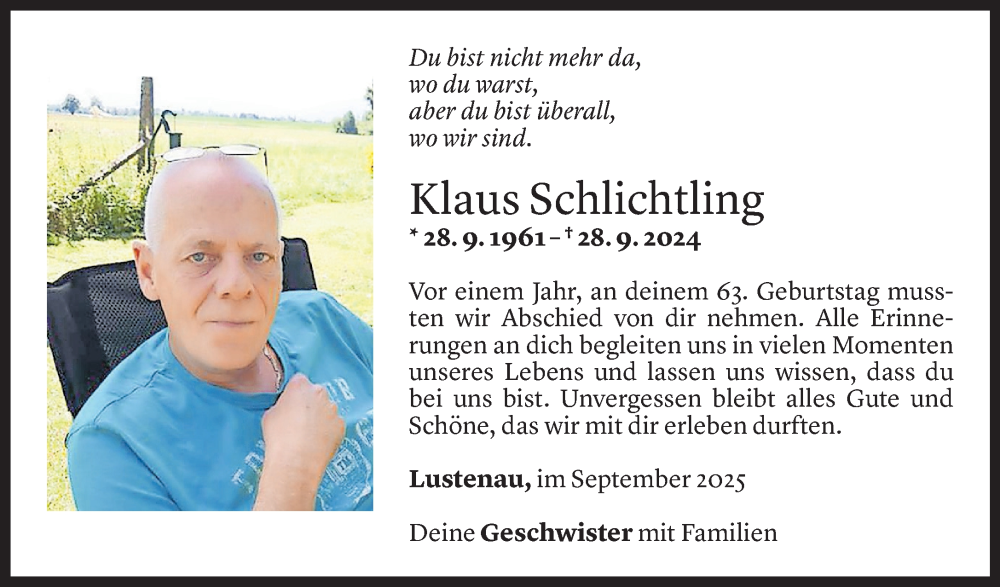  Todesanzeige für Klaus Schlichtling vom 26.09.2025 aus Vorarlberger Nachrichten