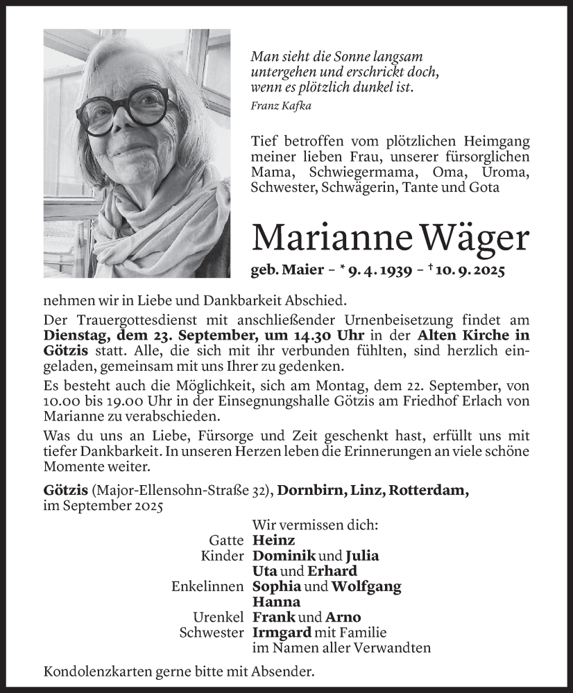 Todesanzeige für Marianne Wäger vom 16.09.2025 aus Vorarlberger Nachrichten
