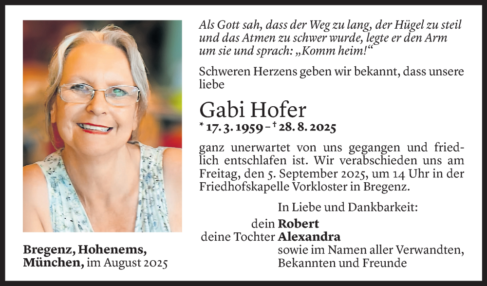  Todesanzeige für Gabi Hofer vom 02.09.2025 aus Vorarlberger Nachrichten