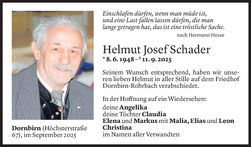  Todesanzeige für Helmut Josef Schader vom 20.09.2025 aus Vorarlberger Nachrichten